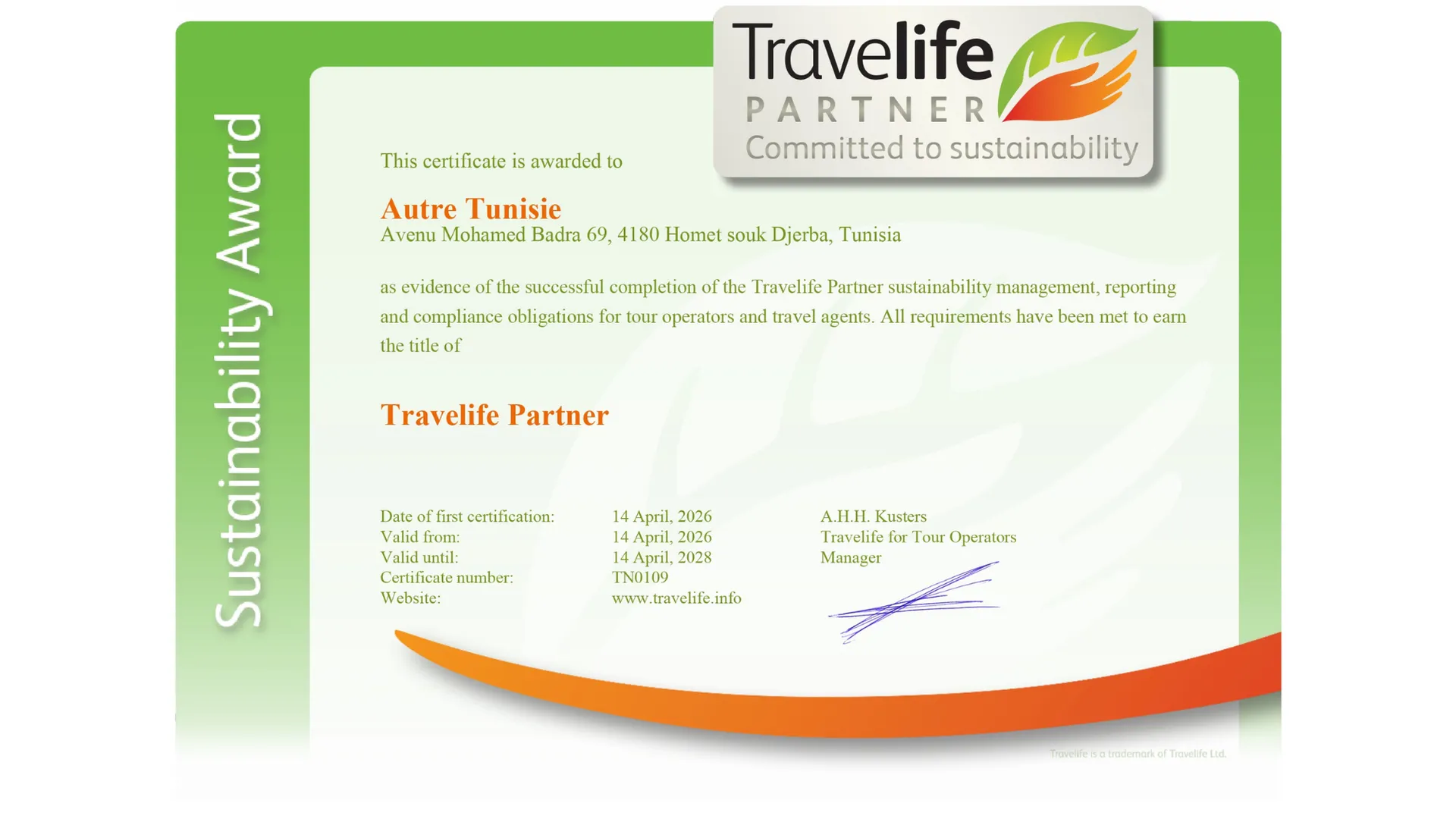 Certification Travelife Partner certificate logo